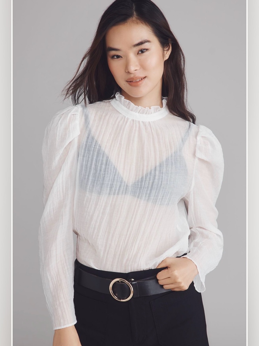 Anthropologie Maeve Semi-Sheer White Ruffle Neck Long-Sleeve Top Size Large
